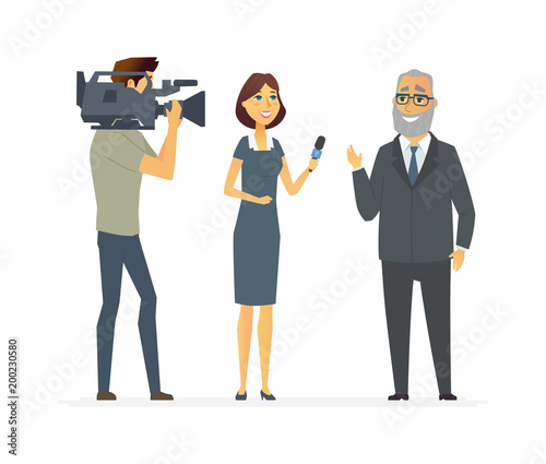 TV presenter having an interview - cartoon people character isolated illustration