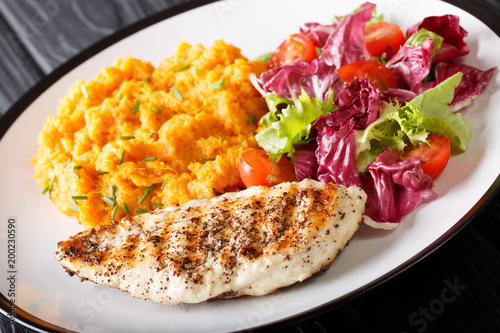 Grilled chicken breast with garnish of sweet potato and fresh salad close-up. horizontal