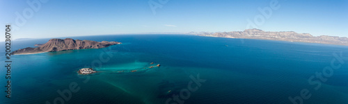 Aerial panoramic views of isla San Francisco, Baja California Sur, Mexico. Sea of cortez.