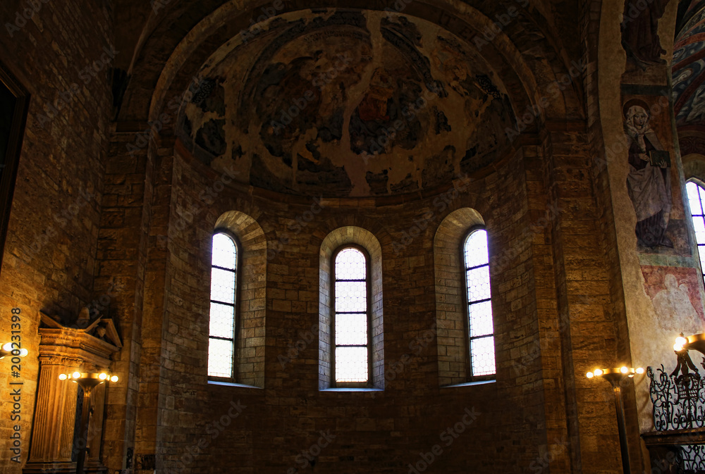 Interior of medieval catholic church. Cultural traditions and history of architecture of Western Europe