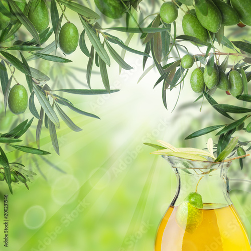 Kalamata olives, bokeh light, green leaves and olive oil jar. Summer green background with copy space