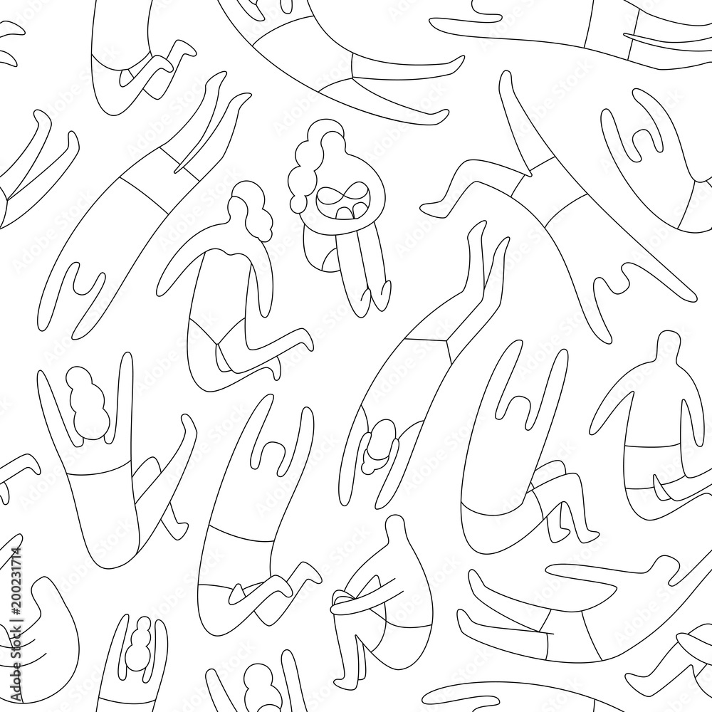 Line art seamless pattern. People on the beach, coloring page vector Line art seamless pattern. People on the beach, coloring page vector