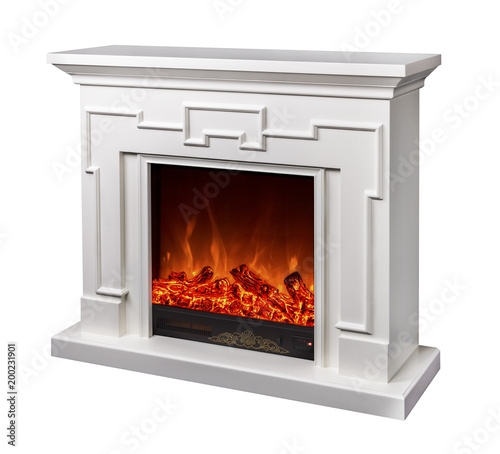 modern decorative electric fireplace with a beautiful burning flame  isolated photo on a white background