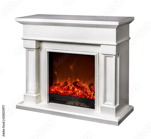 modern decorative electric fireplace with a beautiful burning flame, isolated photo on a white background