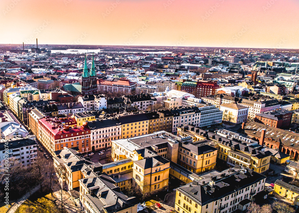  SUNSET AERIAL VIEW OF HELSINKI CITY-  FINLAND