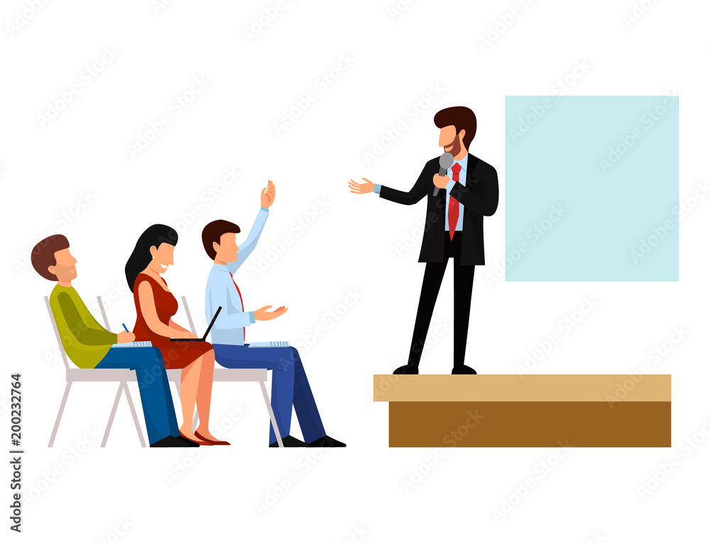 Business people vector groups presentation to investors conferense teamwork meeting characters interview illustration.