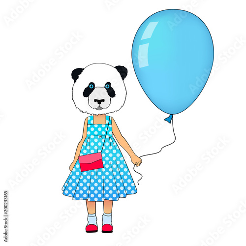 Little fashion panda girl dressed up in dress. Animal hipster bear in dress with balloon. Panda kid dressed in urban style.