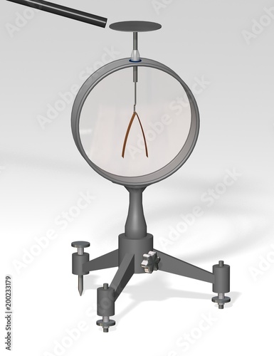 Charged object and diverge leaves electroscope. Physics education science classrooms experiment. Demonstration the principles of electrostatics. 3D illustration on a gray background.