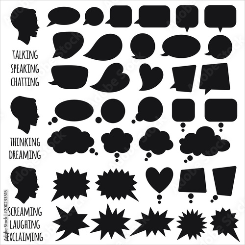 Collection, set of vector speech bubble shapes with head in profile silhouette. Talking, speaking, chatting, screaming, laughing, exclaiming, thinking, dreaming, meditating balloons, clouds.