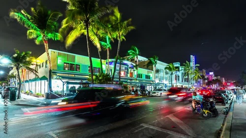 Hyperlapse (time lapse) of night time  Ocean drive with car traffic, Florida. USA