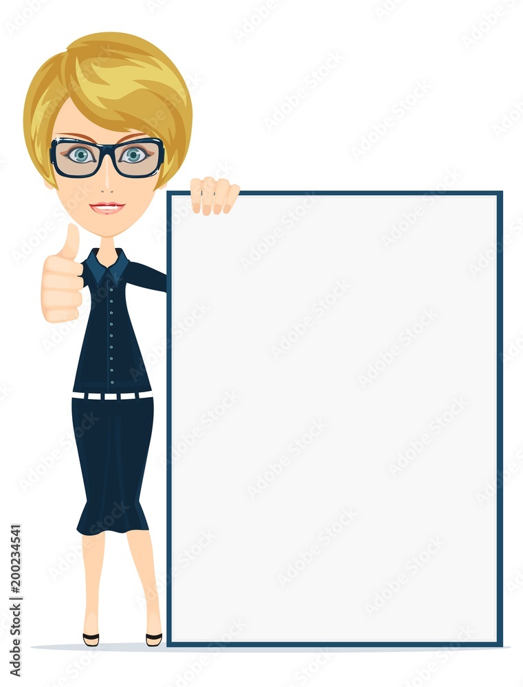 Beautiful blond woman holding white poster. Front view. Full length vector illustration isolated on white. Beautiful blond woman holding white poster. Front view. Full length vector illustration isolated on white.
