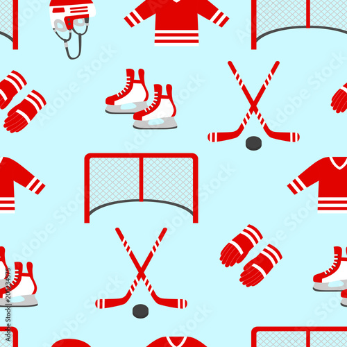 Hockey vector background. Vector seamless pattern. Men's ice hockey repeated texture. Winter sports designs, clothes prints. Puck, stick, skates, field, helmet, uniform, pants, gloves,t shirt, gate