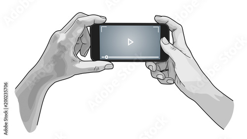 Hands holding phone, sketch style. photo