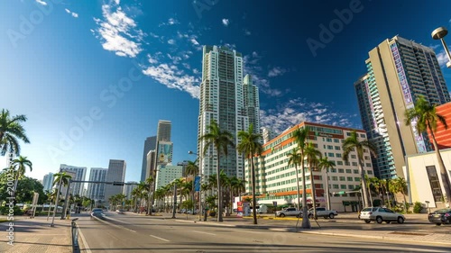 Morning sun Hyperlapse of Biscayne boulvard with traffic jam, Miami. Florida, USA photo