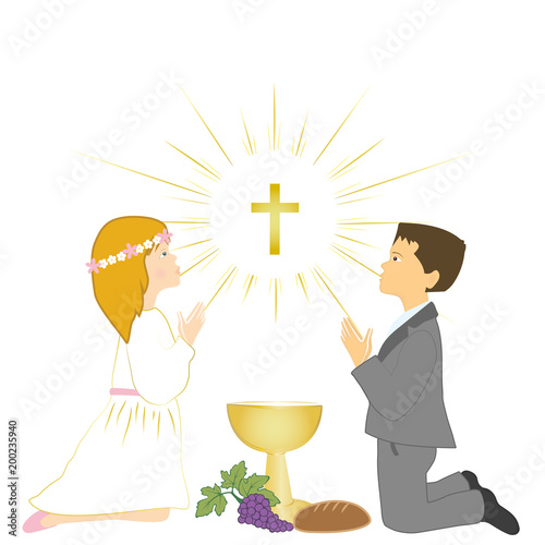 First Holy communion ceremony symbols. Children praying on knees.