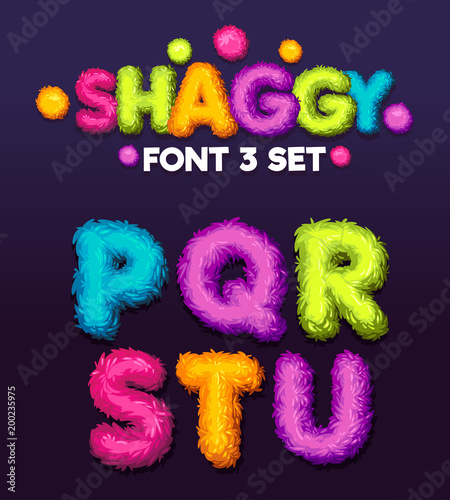 Shaggy font 3 set cartoon letters. Vector color illustration sign p, q, r, s, t, u