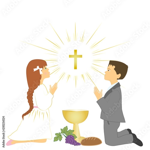 First holy communion sacrament. Small boy and girl praying on knees to receive the Eucharist..