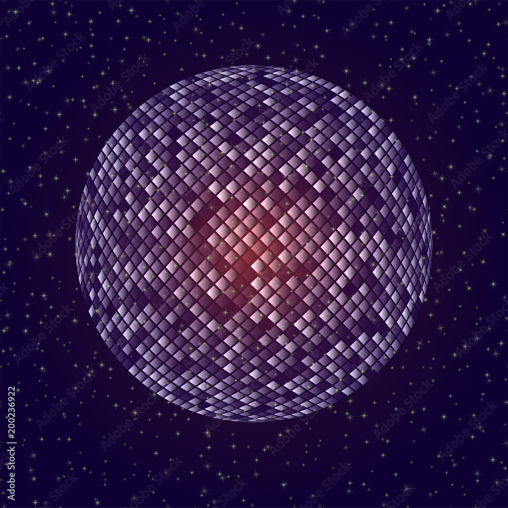 Obraz premium Disco party abstract sphere ball on seamless background Trendy style Transparent glow neon light effect Vector illustration