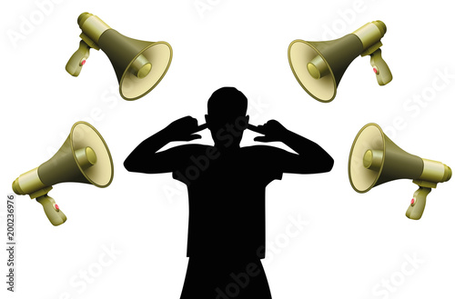 Noise pollution. Symbolic for hearing damage, tinnitus, hearing disorder, mental stress or insubordination of a person who refuses to obey orders and covers his ears because of yelling megaphones.