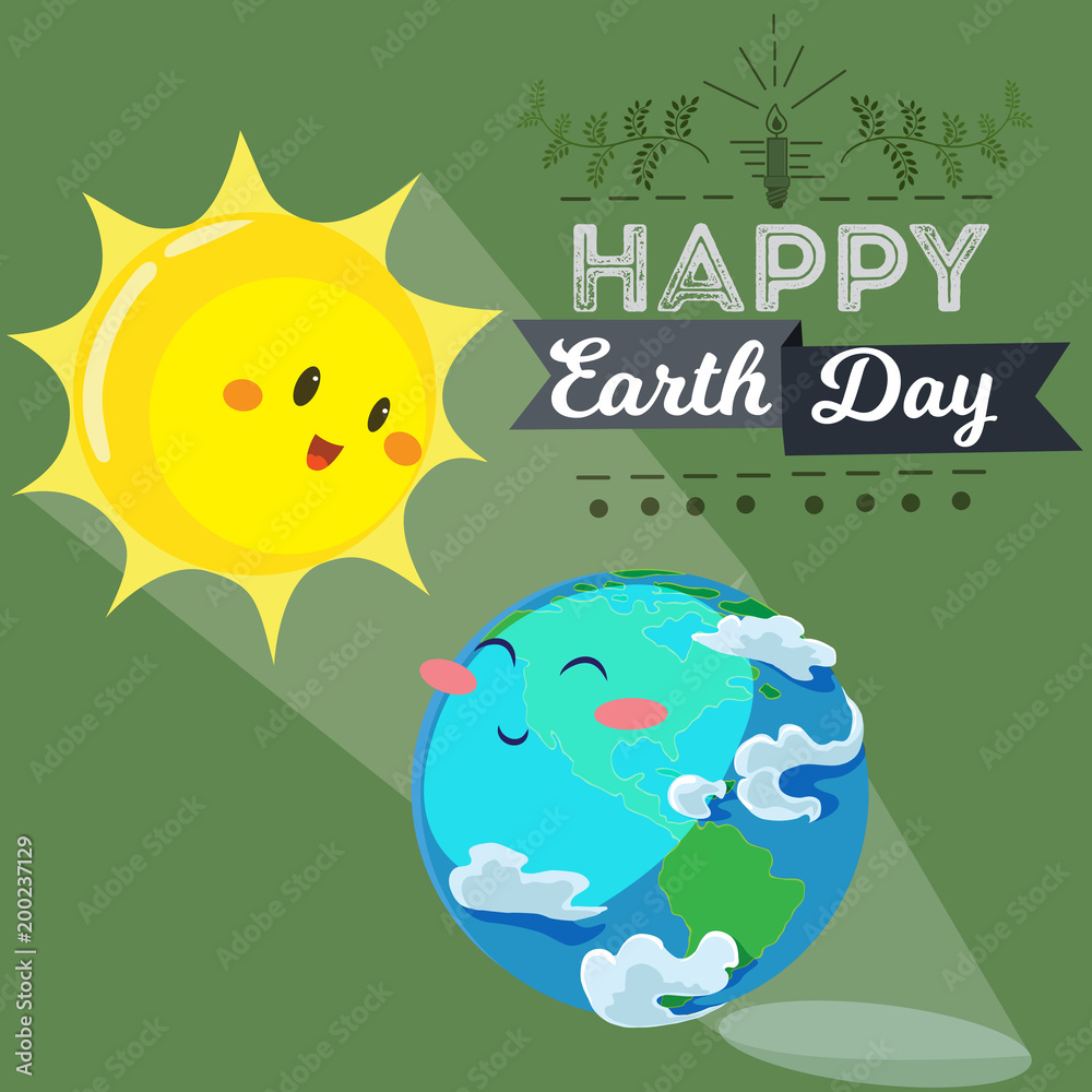 Earth day, happy sun heats earth with its yellow warm rays, ecology concept of love the world, green and blue globe protection, global eco save nature vector illustration isolated on white background Earth day, happy sun heats earth with its yellow warm rays, ecology concept of love the world, green and blue globe protection, global eco save nature vector illustration isolated on white background
