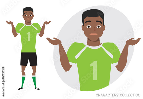 Young black african american football player doubt, no ideas. Emotion of uncertainty and confusion on soccer player face