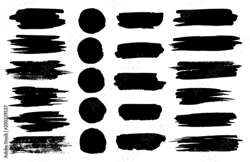 Vector black paint brush spots, highlighter lines or felt-tip pen marker horizontal blobs. Marker pen or brushstrokes and dashes. Ink smudge abstract shape stains and smear set with texture