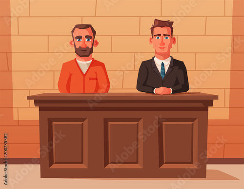 Serious lawyer sits by the table in courthouse with defendant. Cartoon vector illustration. Character design.