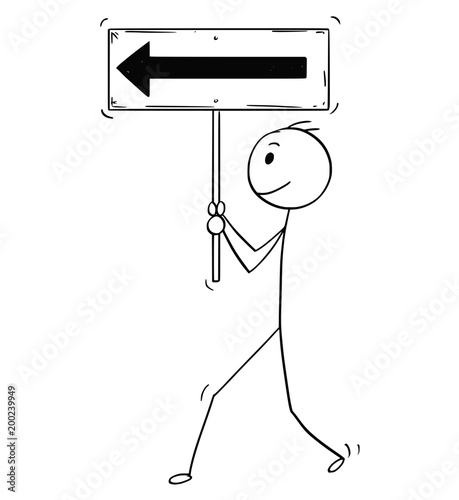 Cartoon stick man drawing conceptual illustration of motivated businessman walking straight ahead and holding forward directing sign. Business concept of motivation and achievement.