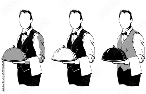 А set of black and white drawings of the waiter with a tray. You can replace the gray color with any other one. Isolated objects, vector illustration