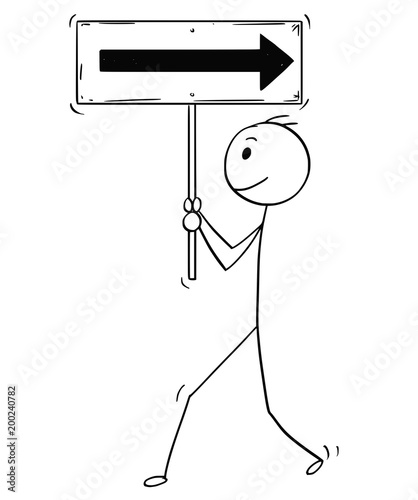 Cartoon stick man drawing conceptual illustration of motivated businessman walking straight ahead but holding opposite directing or back sign. Business concept of heading and course.