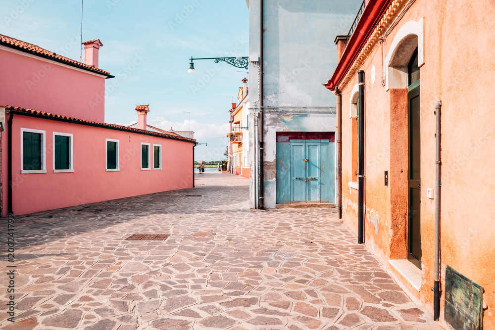 Colorful buildings and street in Burano island, Venice, Italy