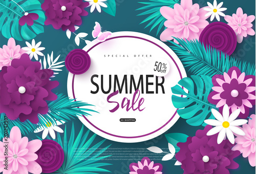 Summer sale banner.Background with flowers, butterflies and tropical leaves. Vector illustration for posters, coupons, promotional material.