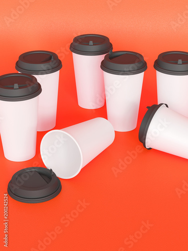 paper cups tamplate 3d with a lid standing on a plane under natural light. Red background. Rendering.