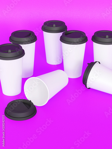 paper cups tamplate 3d with a lid standing on a plane under natural light. Purple background. Rendering.