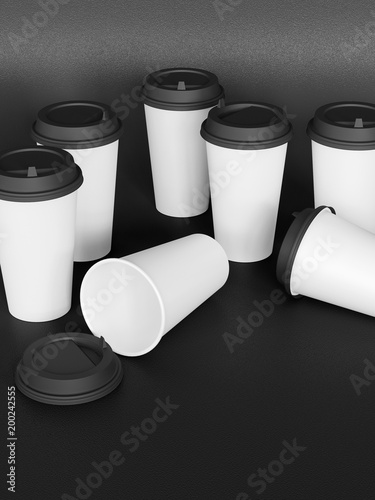 paper cups tamplate 3d with a lid standing on a plane under natural light. Gray background. Rendering.