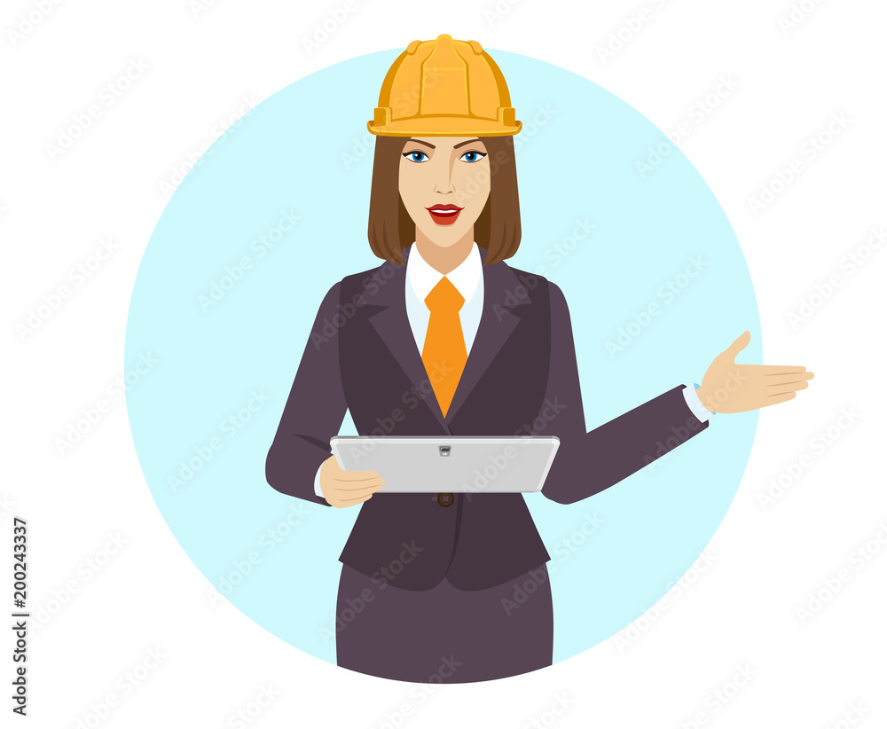 Businesswoman holding a digital tablet PC and showing something beside of her Businesswoman holding a digital tablet PC and showing something beside of her