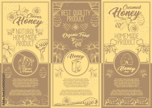 Set of isolated labels with honey bee or bumble bee near honeycomb and sunflowers. Sticker for bottle or shop, food market or store. Apiculture and pollination, clover honey and summer farming theme.