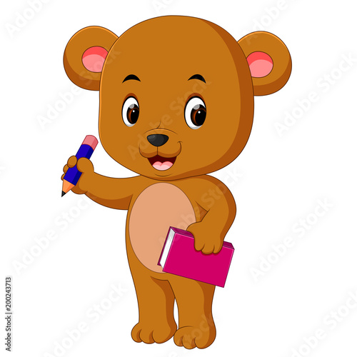 cute bear holding book and pencil