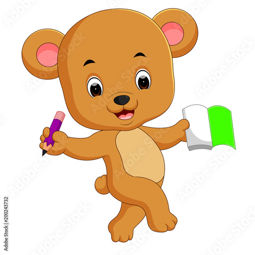 cute bear holding book and pencil