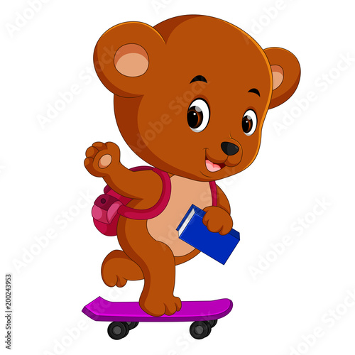 cute bear holding book and playing skateboard