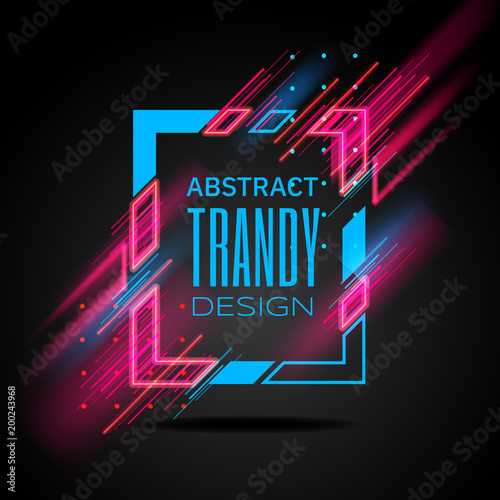 Vector modern frame with geometric neon glowing lines isolated on black background. Art graphics with glitch effect. Design element for business cards, gift cards, invitations, flyers, brochures.