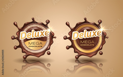 Set of deluxe design labels in gold color isolated on background. Swirl dynamic splash of dark chocolate. Chocolate circular border and drops. Packaging design element. Vector 3d illustration.