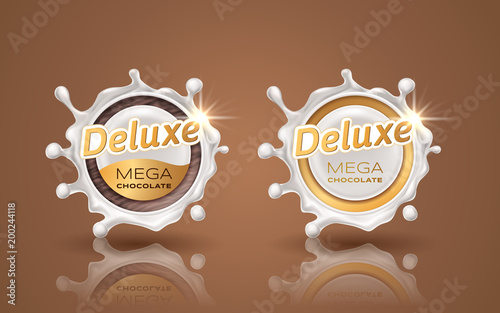 Set of deluxe design labels in gold color isolated on background. Swirl dynamic splash of milk. White chocolate circular border and drops. Packaging design element. Vector 3d illustration.