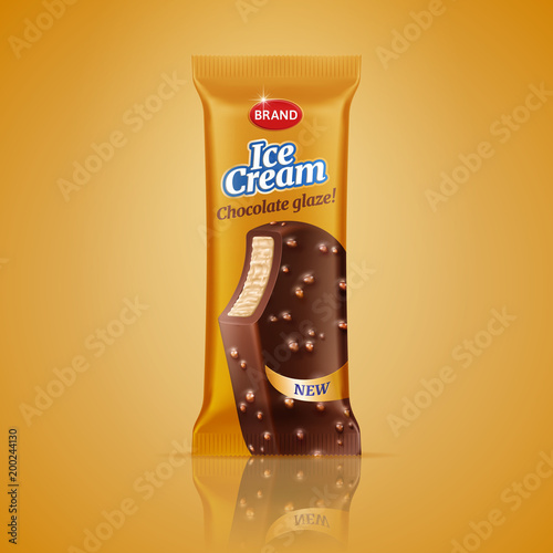 Ice cream bar packaging design isolated on orange background. Vector ice cream in chocolate glaze with crispy nuts. Label template with ribbon with the text New. 3d realistic illustration.
