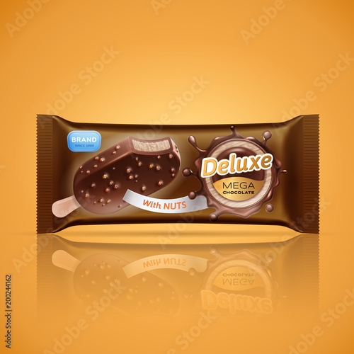 Ice cream bar packaging design isolated on orange background. Vector ice cream in chocolate glaze or sauce with crispy nuts. Gold label template. Chocolate circular splash. 3d realistic illustration.