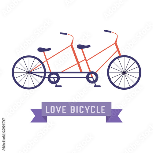 Vintage tandem bicycle icon. Retro double bike for couple or family. Cycling together classic vehicle. Twin seat old romantic velocipede transport in cartoon style.