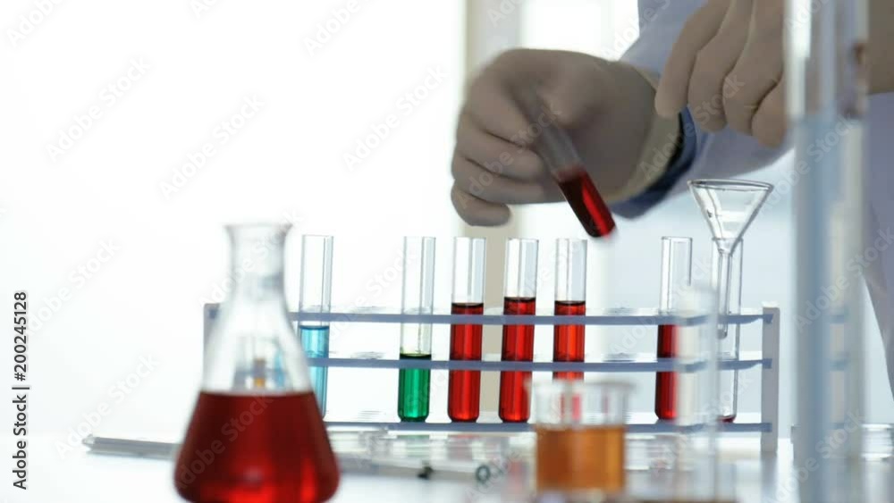 Lab worker sorts test tubes with chemicals Lab worker sorts test tubes with chemicals