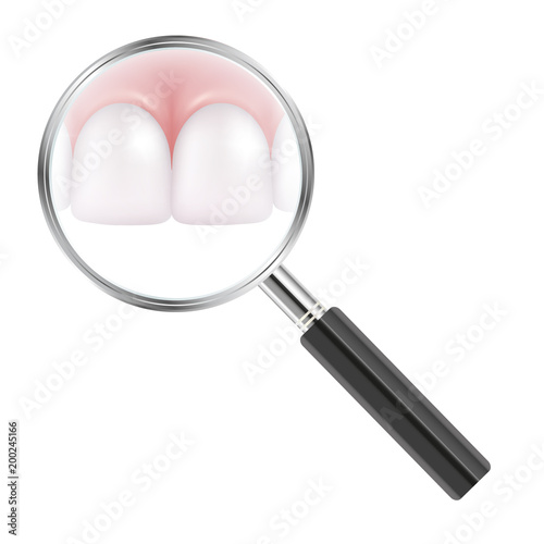 Vector realistic shiny white front teeth under magnifying glass