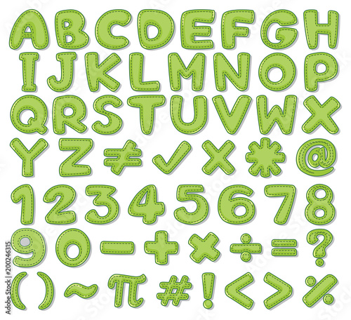 Font design for English alphabets and numbers in green