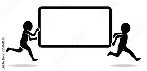 Schwarz-weiße Figuren: Zwei laufende Männchen halten unbeschriftetes Schild – Flat Design / Icon / schwarz-weiß